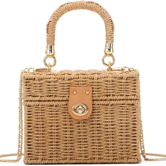 Handwoven Rattan Bag Women's Woven Straw Square Crossbody Beach Tote - Picture 1 of 9